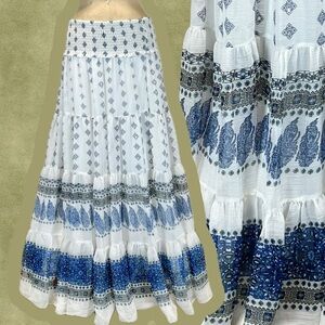 Tiered ruffle Blue floral long maxi skirt full a-line elastic pull-on waist boho